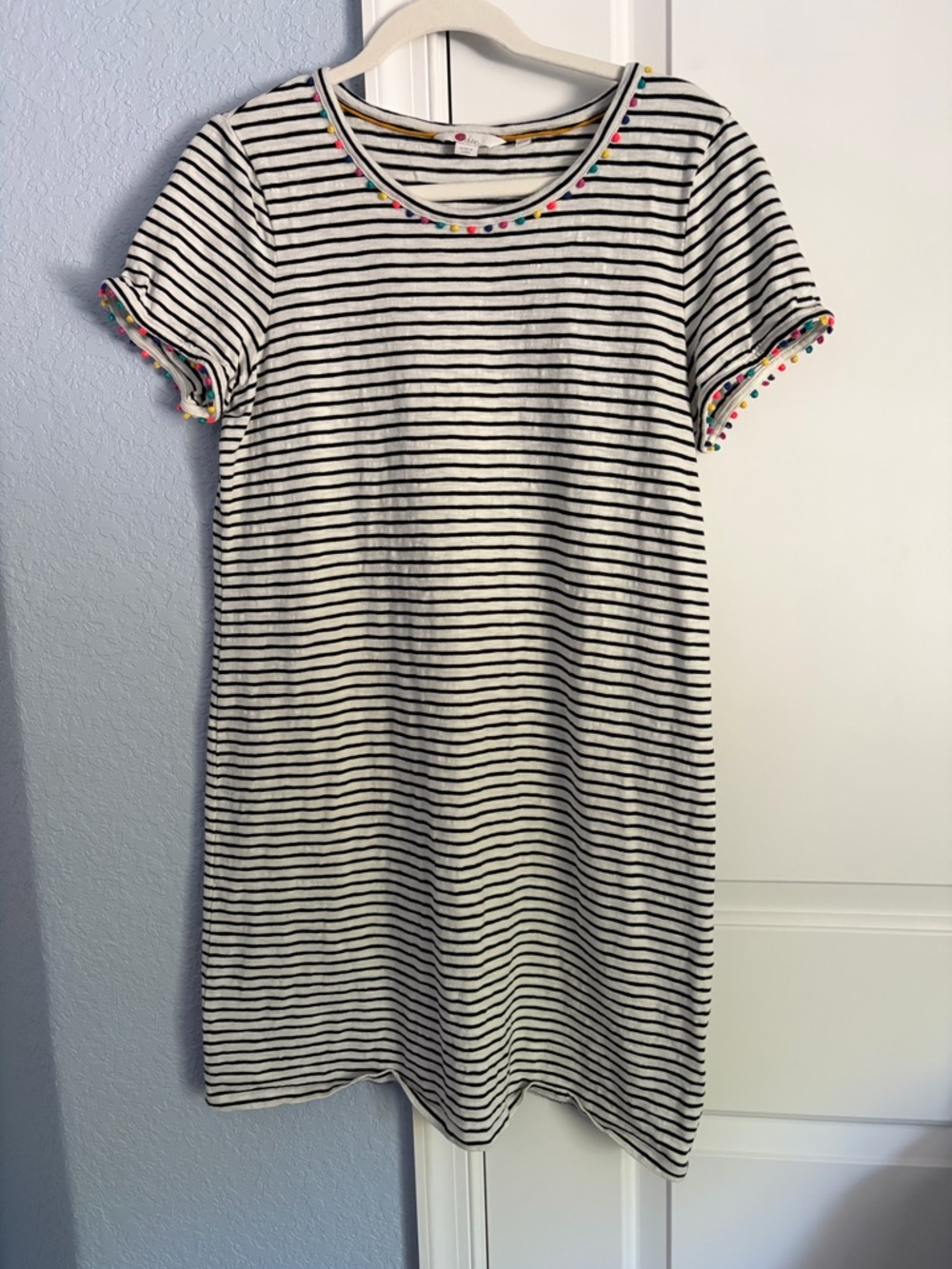 Boden Black & White Striped Mini Dress with Multicolor Pom Trim